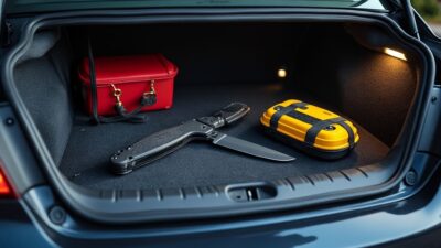 Kit d'urgence organisé dans le coffre ouvert de la voiture, avec couteau utilitaire.
