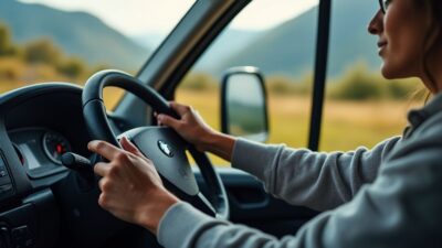 Conducteur tenant le volant d'un camping-car sur une belle route