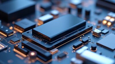 Image de batterie à l'état solide dans un laboratoire, soulignant son design moderne.