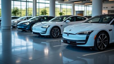 Image de voitures électriques en file à une concession, représentant le virage vers la durabilité.