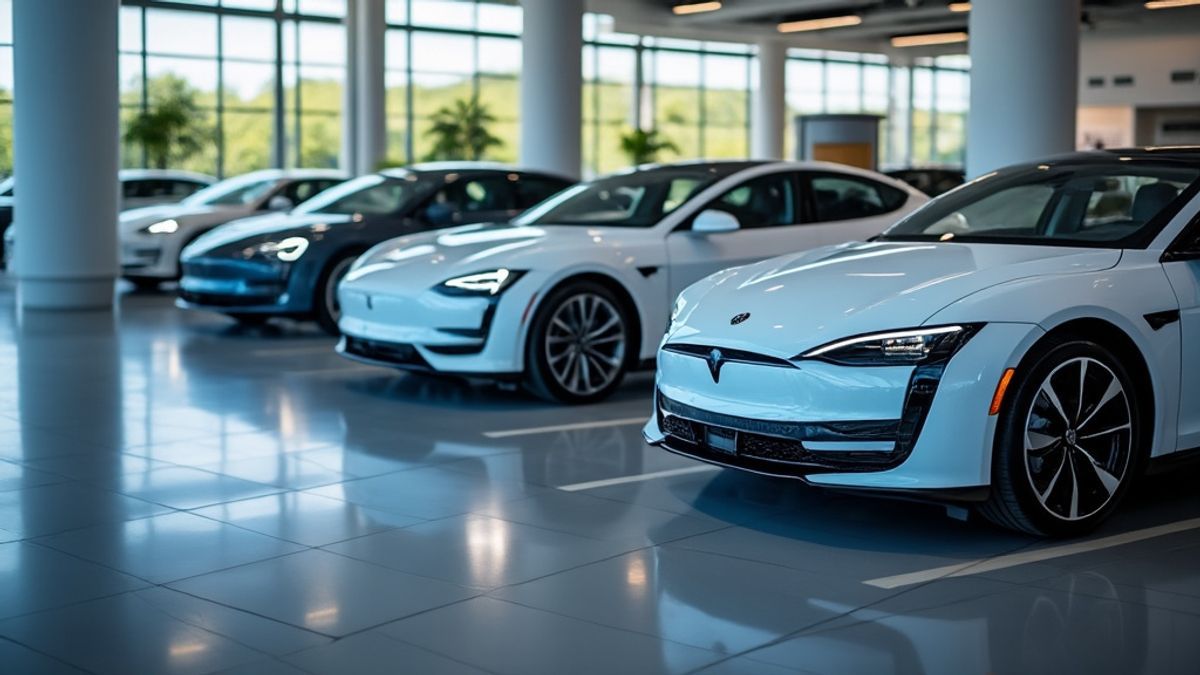 Image de voitures électriques en file à une concession, représentant le virage vers la durabilité.