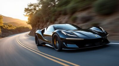 Image dynamique d'une Ferrari électrique accélérant silencieusement sur une route sinueuse.