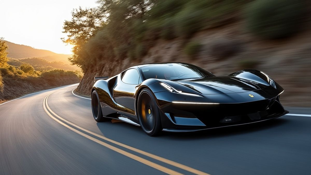 Image dynamique d'une Ferrari électrique accélérant silencieusement sur une route sinueuse.