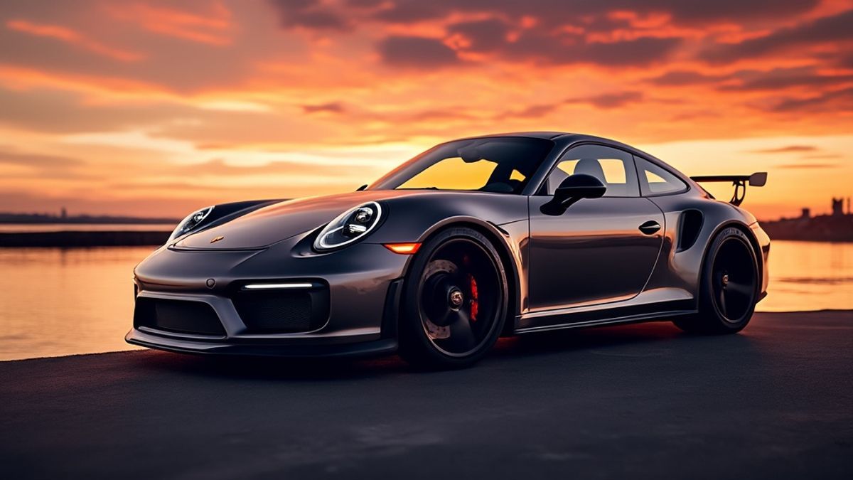 Coucher de soleil sur le profil d'une Porsche, design captivant contre un ciel coloré