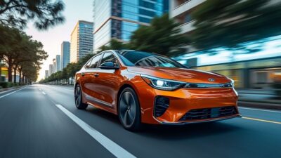 Image de la Kia électrique circulant entre les gratte-ciels d'une ville, illustrant ses capacités en milieu urbain.