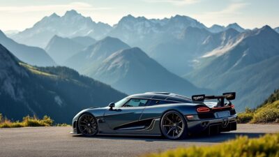 Image d'une Koenigsegg Agera RS contre un arrière-plan montagneux, symbole de vitesse et d'exploration.