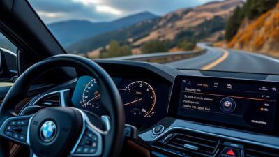 Vue du tableau de bord d'une BMW avec des signaux lumineux, contre une route panoramique.