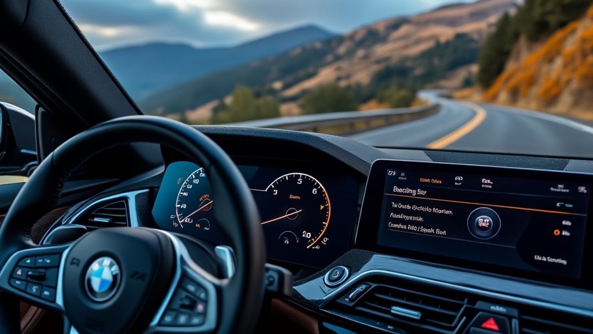 Vue du tableau de bord d'une BMW avec des signaux lumineux, contre une route panoramique.
