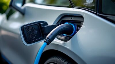 Photo du port de charge du modèle BMW i illustrant l'engagement pour une énergie durable.