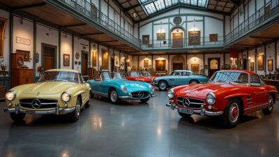 Voitures anciennes exposées dans un cadre historique montrant l'évolution du transport.