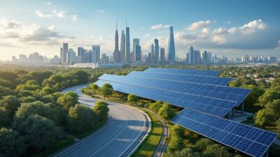 Illustration d'une métropole futuriste propulsée par l'énergie durable, soulignant la distribution fiable et accessible de l'électricité.