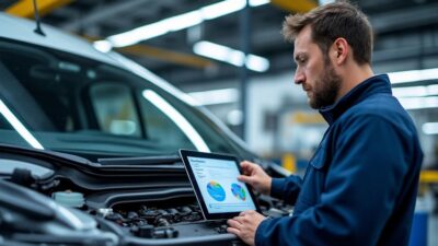 Image d'un véhicule Renault de côté avec un technicien en train d'examiner les pièces suivant Dialogys.