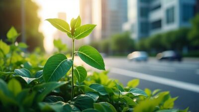 Gros plan d'une plante verte en pleine croissance dans un environnement urbain, représentant l'amélioration de la qualité de l'air grâce aux voitures électriques.