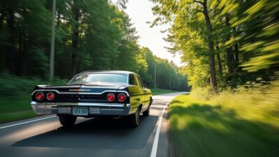Image de la vue arrière d'une Chevrolet Impala stationnée sur une route scénique, avec un paysage verdoyant en été.