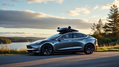 Tesla devant paysage suédois illustrant la conduite autonome