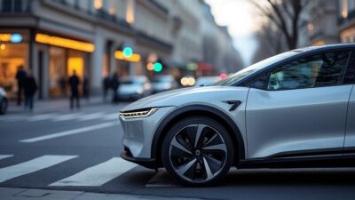 Vue rapprochée du design élégant de la voiture électrique Xiaomi à Paris.