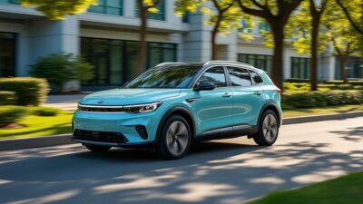 Voiture électrique Kia dans un cadre urbain verdoyant
