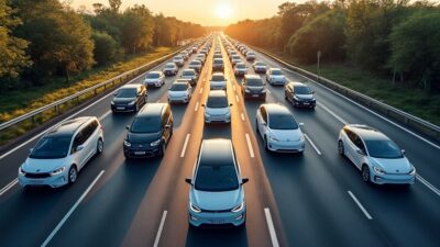 Vue aérienne sur une autoroute bondée de voitures électriques, représentant le changement vers des transports plus écologiques.