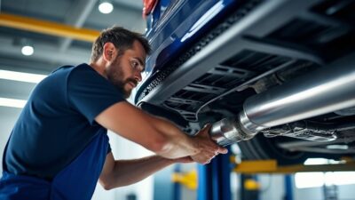 Mécanicien inspectant l'échappement d'un véhicule TDI en garage