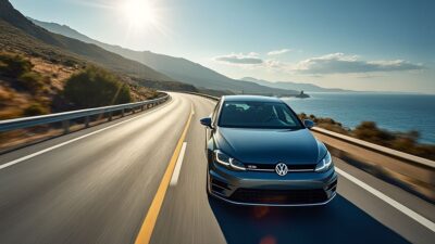 Image aérienne d'une voiture Golf sur une route côtière sous un ciel sans nuages