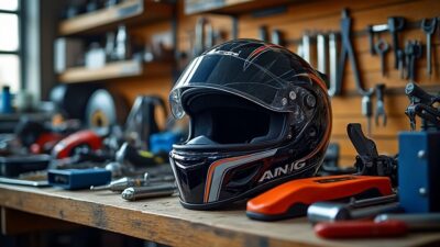 Kit de course en garage avec outils sur établi bois