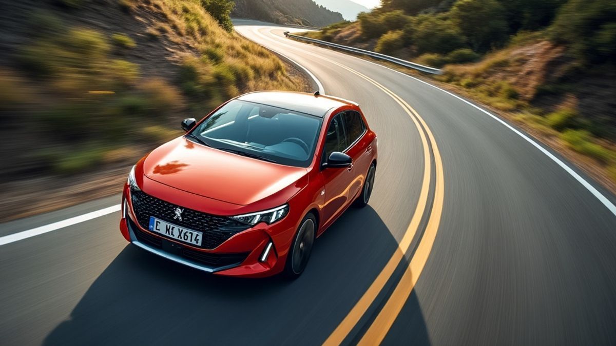 Image d'une Peugeot GTi électrique photographiée de haut sur une route sinueuse, illustrant son agilité.