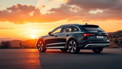 Image de l'Audi AAllroad hybride vue de côté contre un coucher de soleil symbolisant l'élégance et l'écologie.