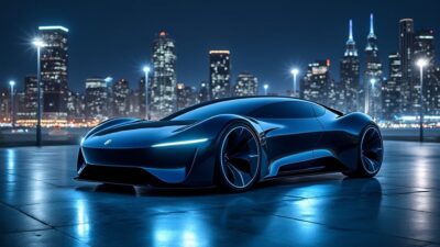Voiture électrique futuriste sous horizon urbain illuminé la nuit