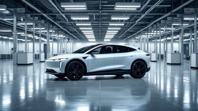 Intérieur d'une usine Lucid Motors vide montrant l'incertitude du secteur des véhicules électriques.