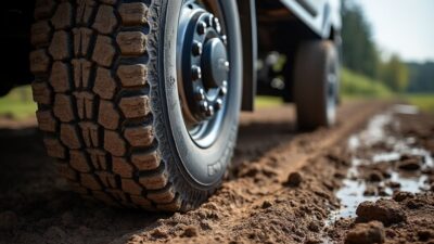 Vue détaillée des traces laissées par les pneus d'un camion sur un chemin boueux, soulignant la capacité de traction et la stabilité du véhicule.