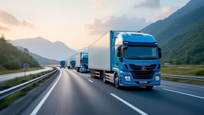 Image de camions chinois électriques sur autoroute, représentant le futur du transport.