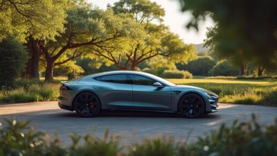 Vue artistique d'une voiture électrique chic dans la nature, innovation et élégance mises en avant.