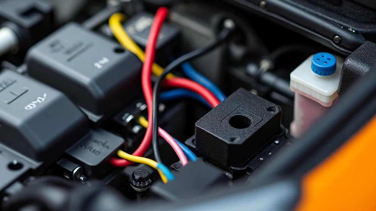 Détail du système d'allumage de la Renault Clio avec câblage et connecteurs pour diagnostic.