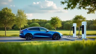 Photo de voitures Tesla et BYD se rechargeant dans une station au milieu d'un paysage naturel luxuriant.