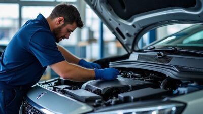 Un mécanicien vérifie les composants liés aux émissions d'un véhicule Peugeot.