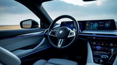 Gros plan sur le tableau de bord futuriste et technologique d'une voiture BMW électrique moderne.