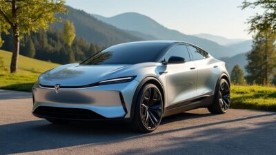 Voiture électrique stylée dans un paysage européen, design et innovations visibles