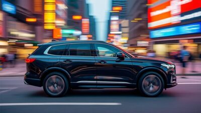 Profil latéral d'une voiture remarquable dans une ville animée, illustrant son attrait urbain unique.