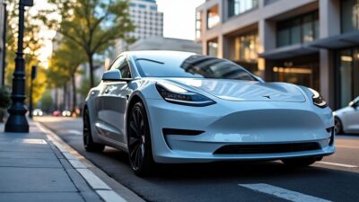 Image d'une Tesla stationnée en milieu urbain, soulignant son design moderne et ses fonctionnalités high-tech.