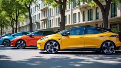 Stationnement de voitures électriques colorées en ville pour la promotion de la mobilité écologique.