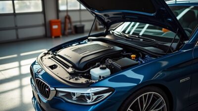 Image par-dessus d'un moteur de voiture montrant les parties du système de refroidissement dans un atelier ensoleillé.