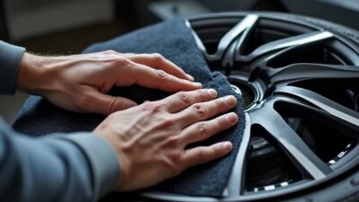 Des mains lissant le vinyle sur une roue avec soin et précision.