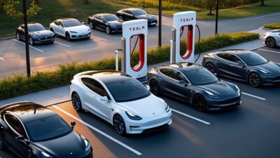 Station de recharge Tesla active vue du ciel, illustrant l'essor des voitures électriques en Europe.