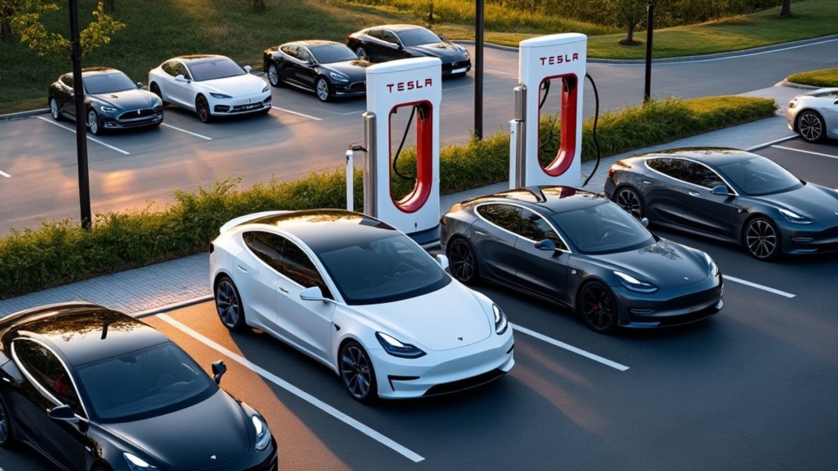 Station de recharge Tesla active vue du ciel, illustrant l'essor des voitures électriques en Europe.