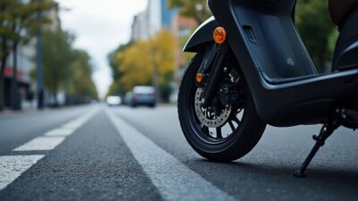 Vue en gros plan des pneus du scooter Yamaha c sur le trottoir en ville, montrant leur robustesse et efficacité pour les trajets journaliers.