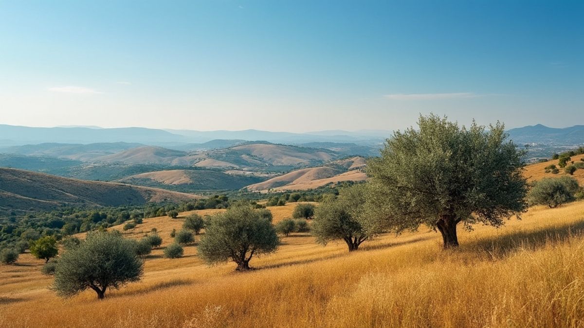 Photo d'oliviers s'étendant sur des collines avec un ciel bleu en arrière-plan en Provence