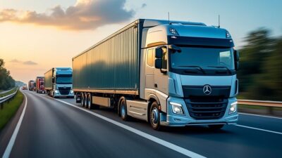 Camions électriques sur autoroute, un symbole du transport écologique futuriste.