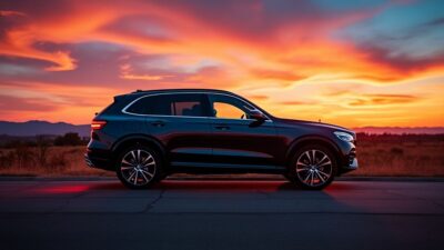 Image de la silhouette d'un SUV au coucher du soleil avec un éclairage spectaculaire.