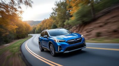 Image d'un Subaru SUV électrique démontrant sa performance et agilité sur des routes sinueuses.