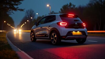 Image d'une Twingo stationnée où les voyants du tableau de bord sont allumés pour illustrer la pertinence des alertes de sécurité automobile.